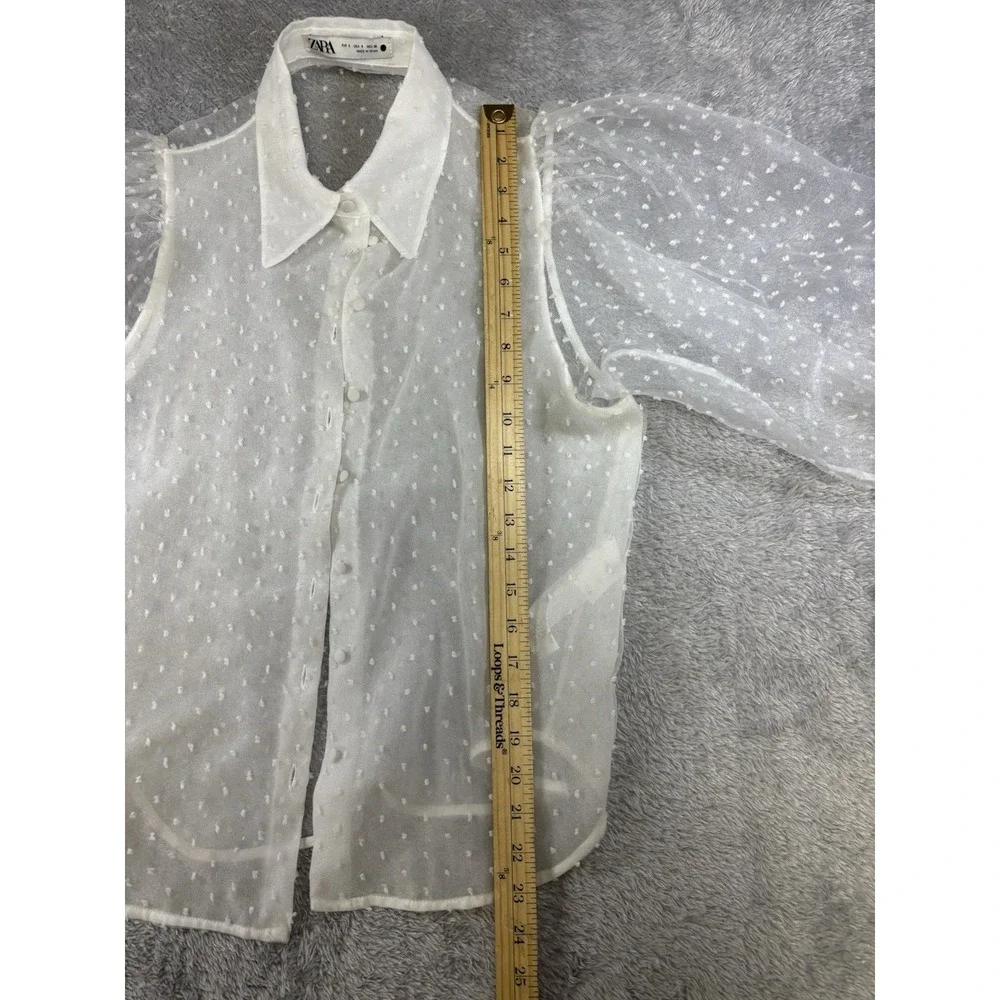 ZARA Blogger Favorite WOMENS S Swiss Dot Blouse Top Sheer Puff Sleeve 0744